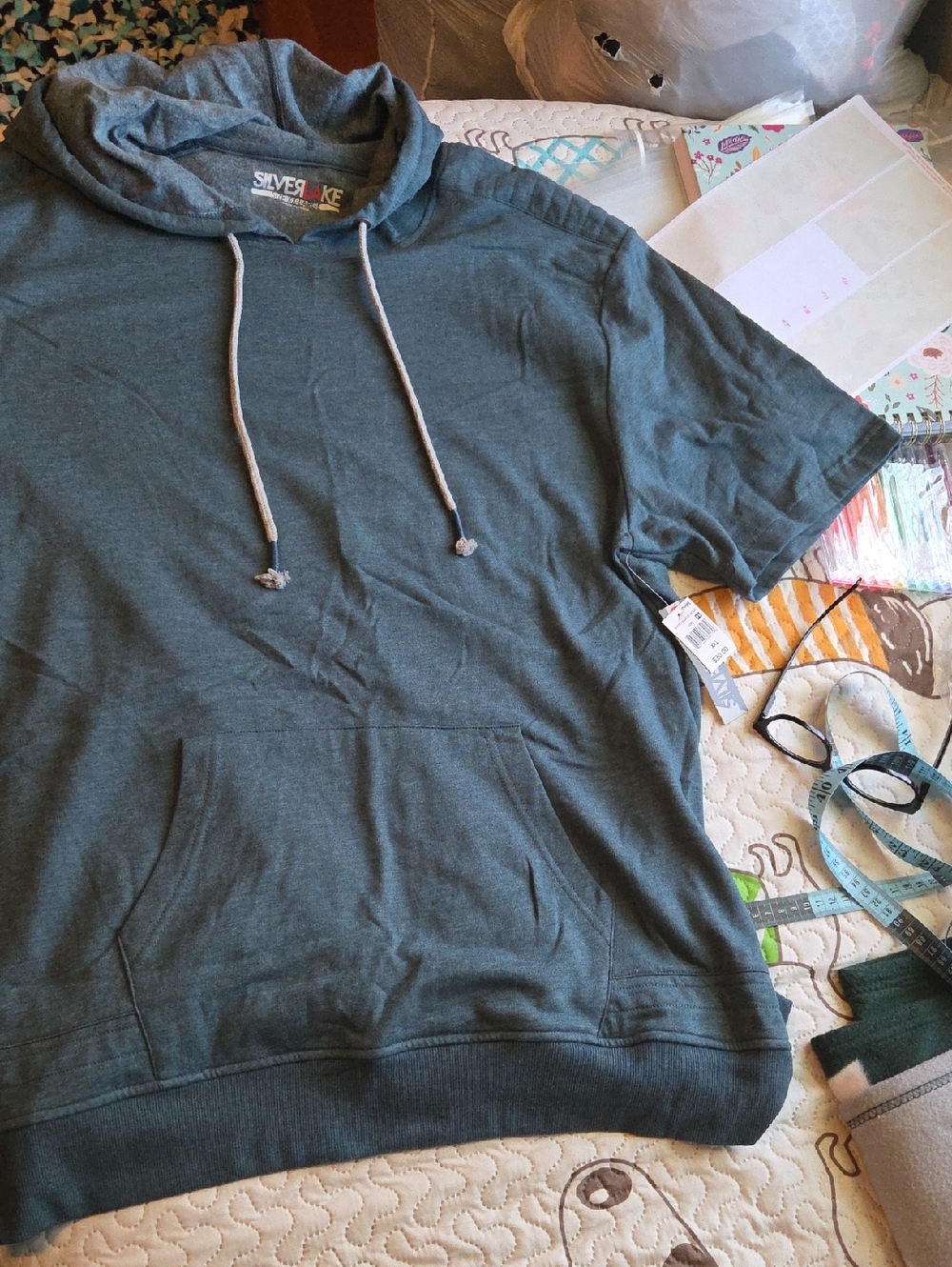 Comfort Short-Sleeve Hooded Sweatshirt - Slate Greenish Blue. Cute Details